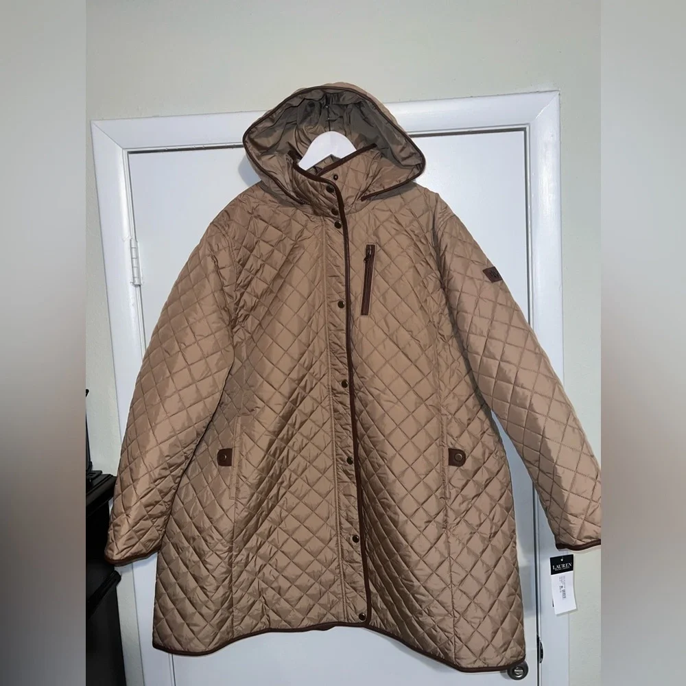 $290 NWT Lauren Ralph Lauren Women's Camel Brown Hooded Quilted Coat Plus Sz 3X - Picture 2 of 12